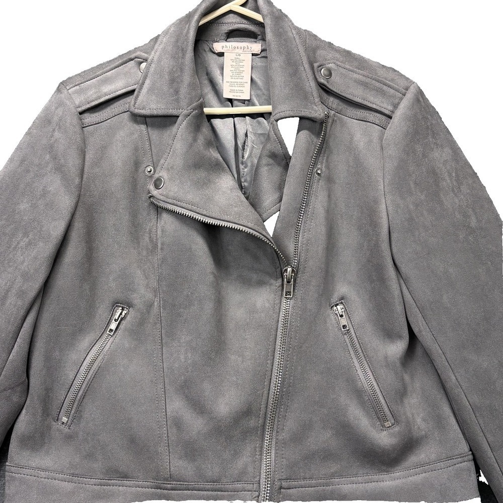 Philosophy Clothing Jacket Womens Large Gray Faux Leather Moto Biker Full Zip